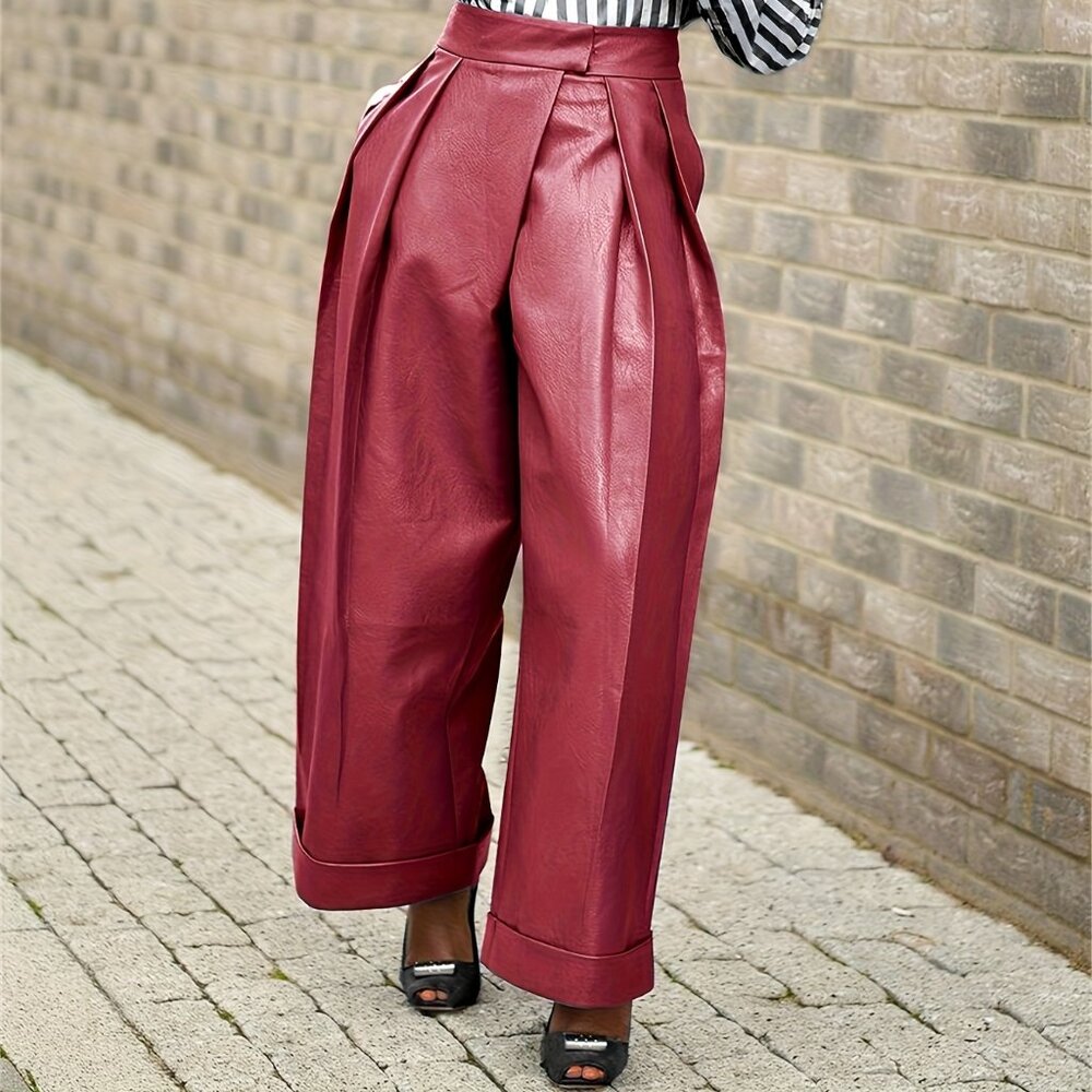 Passion of Essence Burgundy Wide-Leg Faux Leather Trousers